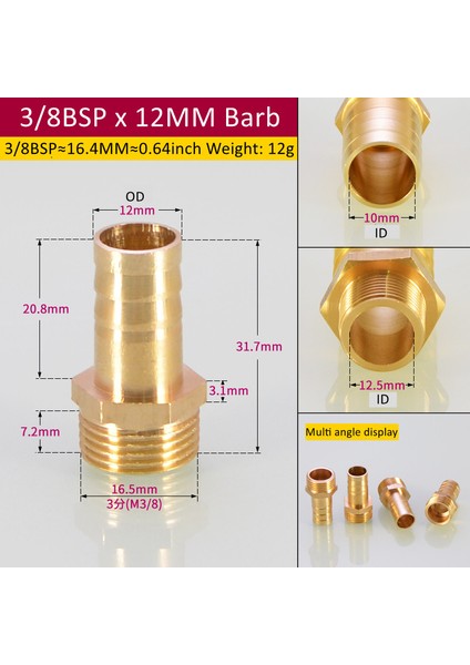 3L8BSP 12MM Diken Stili 5 Adet Brae Uygun mm Hortum Bağlantı Parçacığı Bsp Erkek Bağlayıcı Bağlantı Bakır Kuplaj Adaptörü (Yurt Dışından)