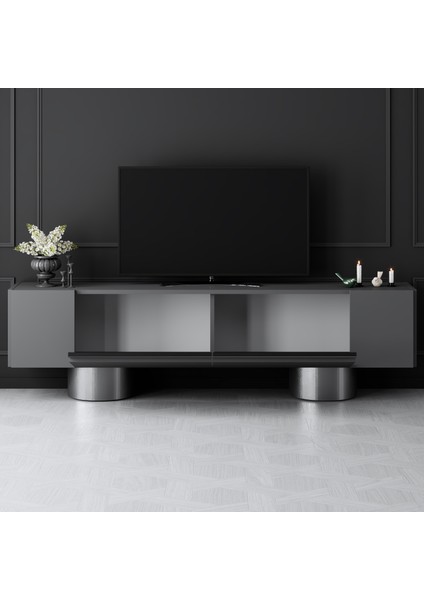 Bohem Gümüş Metal Ayaklı Krom Tasarım Antrasit Tv Ünitesi