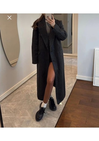 Joshine Kadin Siyah Cizgi Detayli Uzun Dugmeli Kase Kaban