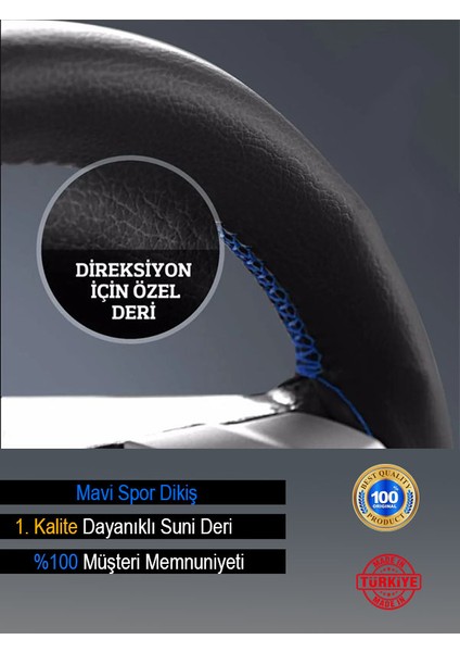 Mazda 2 Özel Süper Deri Direksiyon Kılıfı, Mavi Şeritli Spor Dikiş