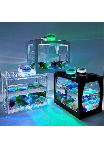 Beyaz Stil Sarı Işık ile Küçük Masa Üstü Yaratıcı Ekolojik Tank Mini Manzara Balık Tankı Mini Tropikal Balık Akvaryumu Terraryum (Yurt Dışından)