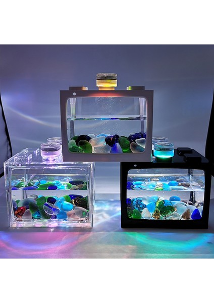 Beyaz Stil Sarı Işık ile Küçük Masa Üstü Yaratıcı Ekolojik Tank Mini Manzara Balık Tankı Mini Tropikal Balık Akvaryumu Terraryum (Yurt Dışından)
