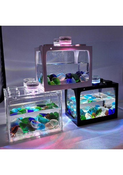 Beyaz Stil Sarı Işık ile Küçük Masa Üstü Yaratıcı Ekolojik Tank Mini Manzara Balık Tankı Mini Tropikal Balık Akvaryumu Terraryum (Yurt Dışından)