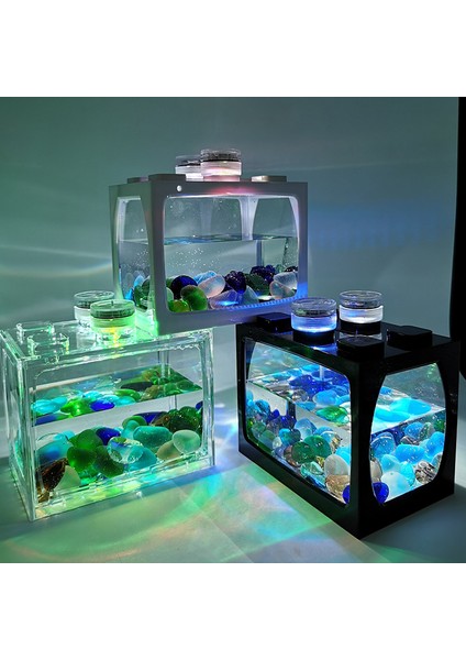 Beyaz Stil Sarı Işık ile Küçük Masa Üstü Yaratıcı Ekolojik Tank Mini Manzara Balık Tankı Mini Tropikal Balık Akvaryumu Terraryum (Yurt Dışından)