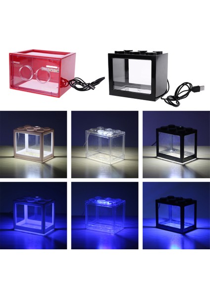 Kırmızı Stil Mavi Işık Rengi 1l USB LED Masaüstü Mini Akvaryum Balık Tankı Lambası Betta Balık Kavgası Silindir Dekorasyon Küçük Yaratıcı Balık Tankı Blokları Yığılmış (Yurt Dışından) modelleri