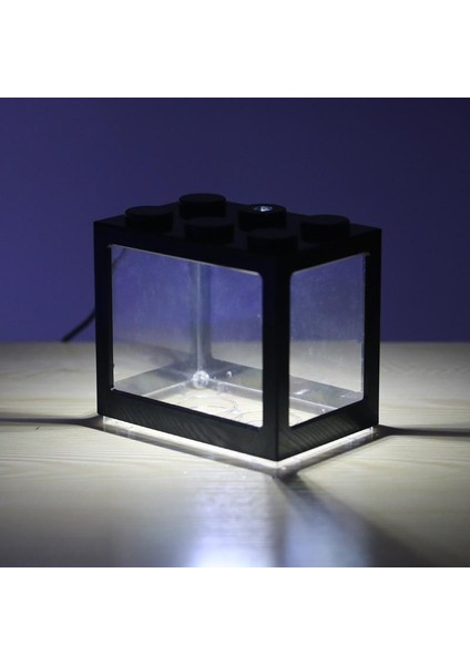 Siyah Stil USB Mini Balık Tankı Betta Mini Akvaryum LED Işıklı Yaratıcı Yapı Taşı Ev Ofis Çay Masası Süsleme Balık Yem Kutusu (Yurt Dışından)
