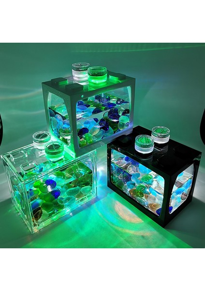 Beyaz Stil Yeşil Işık Lechong Mini Balık Tankı Işıklı Fişe Gerek Yok Küçük Dövüş Balığı Tankı Ev Ofis Koltuk Masaüstü Akvaryum Kaplumbağa Tankı (Yurt Dışından) fırsatları