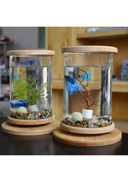 Küçük Ofis Cam Akvaryum Bambu Tabanlı Mini Balık Tankı Dekorasyonu Balık Kasesi (Yurt Dışından)