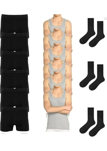 Ekonomik 15'li Paket Erkek Iç Çamaşır Seti 6 Adet Atlet 6 Atlet Boxer 3 Çift Çorap