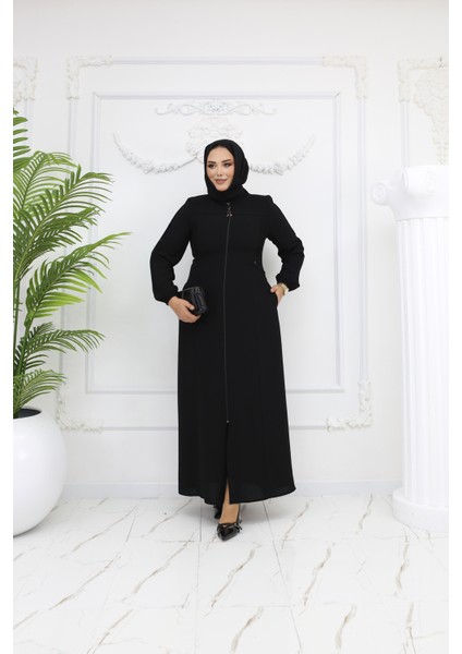 Tesettür Siyah Spor Düğme Detaylı Fermuarlı Büyük Beden Kadın Ferace - Şeyma Ferace indirimleri