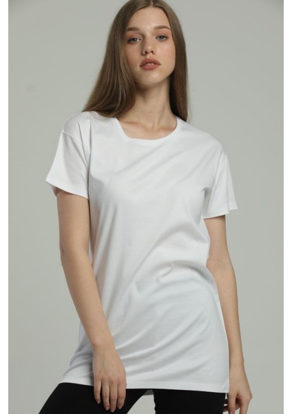 Yuvarlak Yaka Beyaz Regular Long Organik Pamuk T-Shirt fırsatları