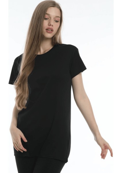 Yuvarlak Yaka Siyah Regular Long Organik Pamuk T-Shirt