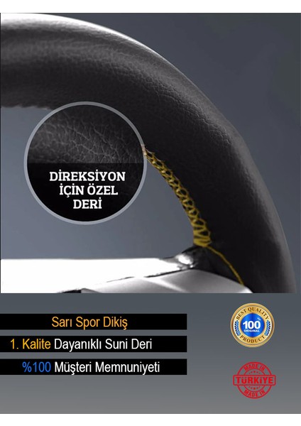 Proton Gen 2 Özel Süper Deri Direksiyon Kılıfı, Sarı Yüzüklü Spor Dikiş