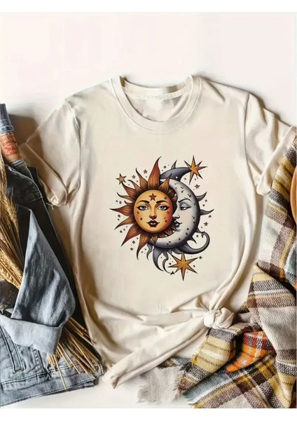 Kadın Geometrik Ay&güneş Baskılı T-Shirt Oversize Salaş