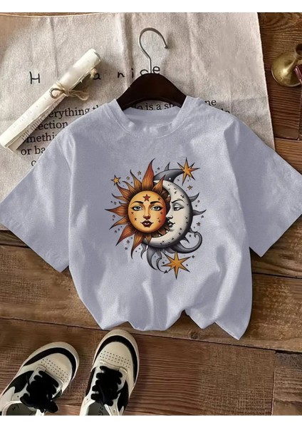 Kadın Geometrik Ay&güneş Baskılı T-Shirt Oversize Salaş modelleri