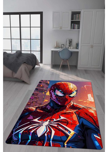 Kaymaz Taban Makinada Yıkanabilir Dijital Baskı Spiderman Desenli Genç Odası Halısı Dot Taban Halı GNC19