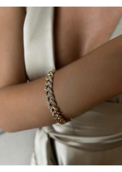 14 K Altın Rengi Vip Seri Zirkon Taşlı Bileklik 19CM