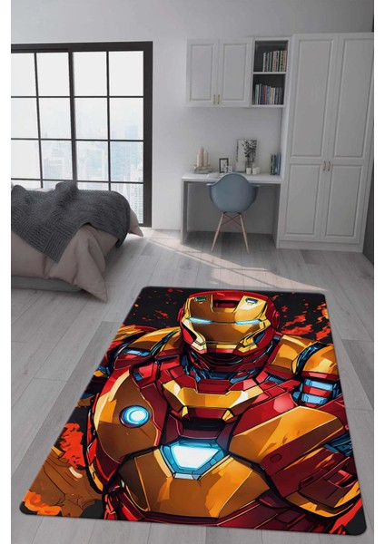 Kaymaz Taban Makinada Yıkanabilir Dijital Baskı Iron Man Desenli Genç Odası Halısı Dot Taban Halı GNC12