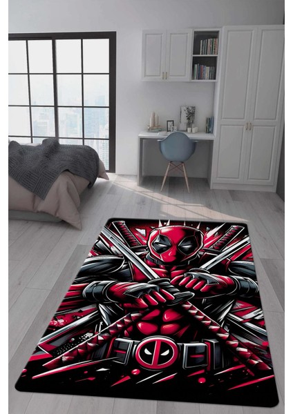 Kaymaz Taban Makinada Yıkanabilir Dijital Baskı Deadpool Desenli Genç Odası Halısı Dot Taban Halı GNC08