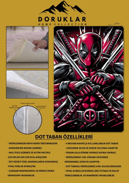 Kaymaz Taban Makinada Yıkanabilir Dijital Baskı Deadpool Desenli Genç Odası Halısı Dot Taban Halı GNC08