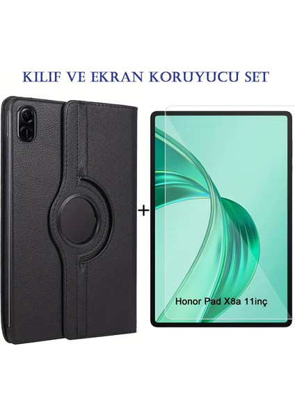 Honor Pad X8A (11'' 2024) Uyumlu 360° Dönebilen Standlı Suni Deri Kılıf + Ekran Koruyucu Nano Cam