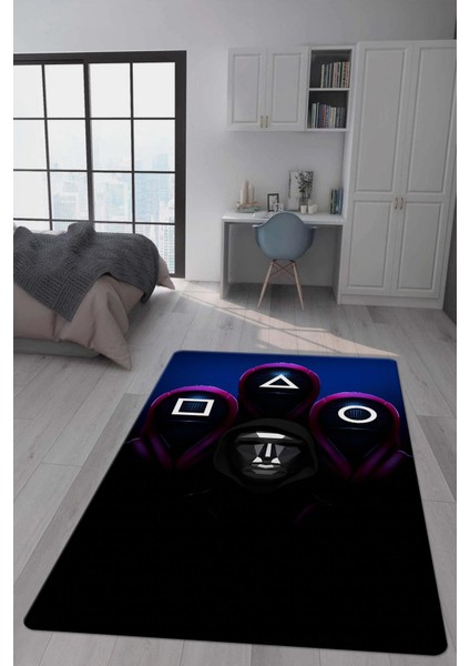 Kaymaz Taban Makinada Yıkanabilir Dijital Baskı Squid Game Desenli Genç Odası Halısı Dot Taban Halı GNC14