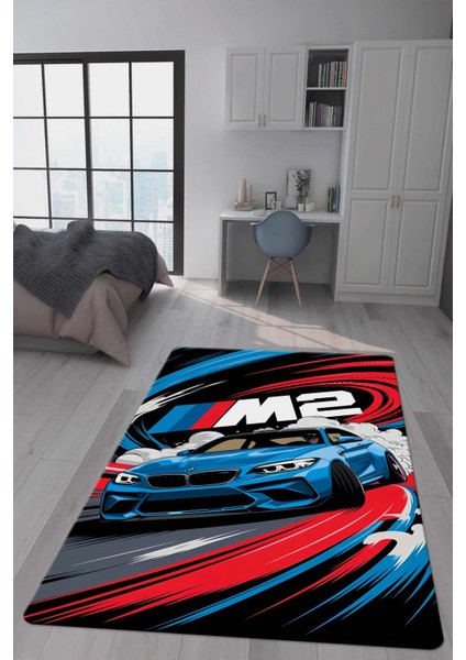 Kaymaz Taban Makinada Yıkanabilir Dijital Baskı Araba Desenli Genç Odası Halısı Dot Taban Halı GNC05