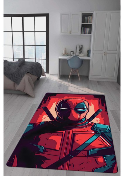 Kaymaz Taban Makinada Yıkanabilir Dijital Baskı Deadpool Desenli Genç Odası Halısı Dot Taban Halı GNC02