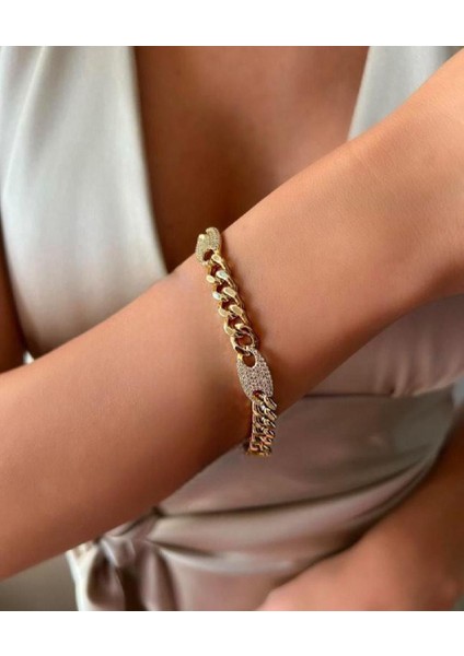 14 K Altın Rengi Vip Seri Zirkon Taşlı Bileklik 17+2cm