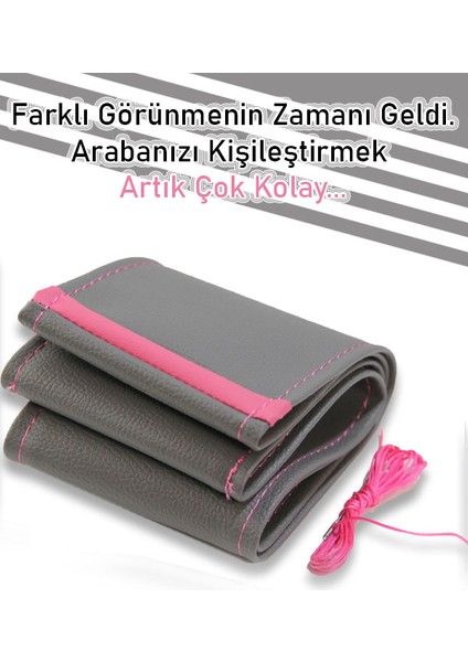 Toyota Auris Gri Özel Süper Deri Pembe Yüzüklü Dikişli Direksiyon Kılıfı