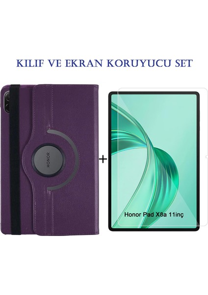 Honor Pad X8A (11'' 2024) Uyumlu 360° Dönebilen Standlı Suni Deri Kılıf + Ekran Koruyucu Nano Cam