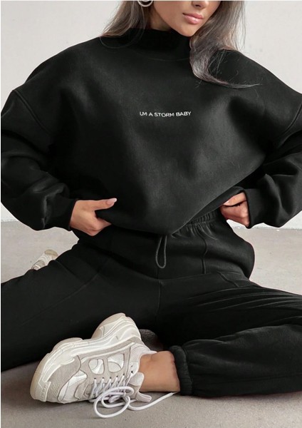 Kadın 3 Iplik Siyah Storm Baby Baskılı Alt Üst Eşofman Takım modelleri