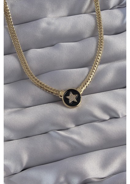 Yeni Xd Pirinç Gold Renk Zirkon Taşlı Yıldız Model Siyah Mineli Ezme Zincirli Serenay Kolyesi Kampanyalı modelleri