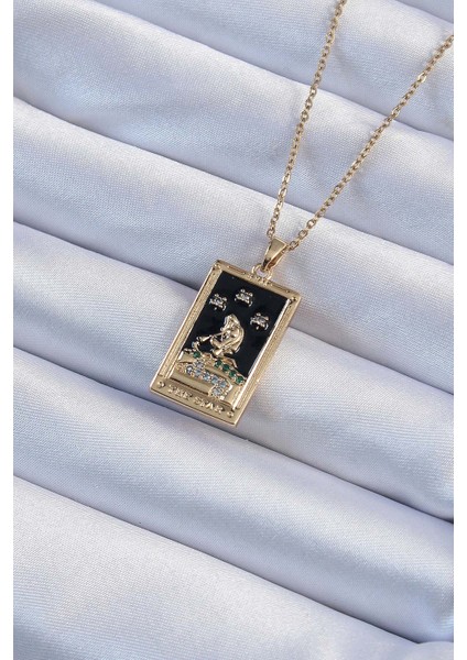 Yeni Xd Çelik Özel Seri Zincir Altın Renk Zirkon Taşlı Siyah Mineli Kız Figürlü Tarot Kolye Kampanyalı
