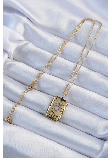 Yeni Xd Çelik Özel Seri Zincir Eskitme Altın Renk Pembe Mineli Kalp Figürlü Tarot Kolye Kampanyalı