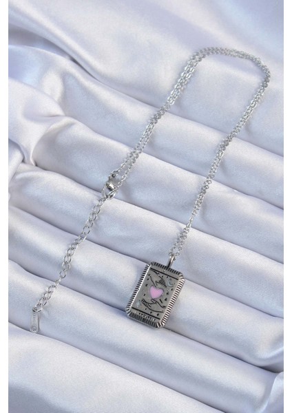 Yeni Xd Çelik Özel Seri Zincir Eskitme Renk Pembe Mineli Kalp Figürlü Tarot Kolye Kampanyalı
