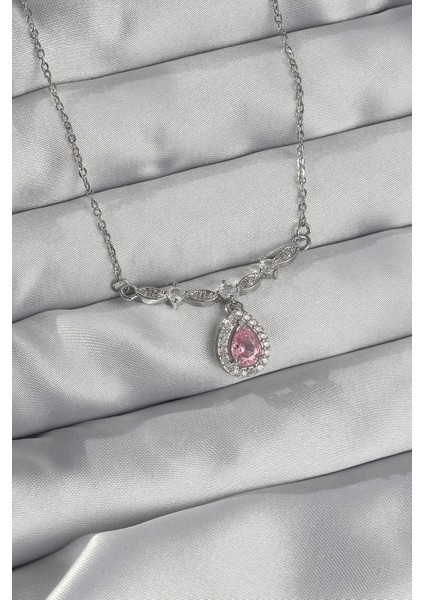 Yeni Xd Çelik Özel Seri Renk Pembe Zirkon Taşlı Damla Kolye Kampanyalı