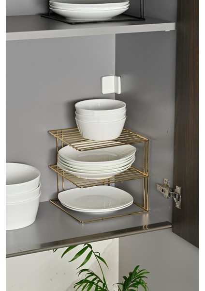 Altın 3 Katlı Dolap İçi Çok Amaçlı Tabak, Bardak, Mutfak Düzenleyici Raf, Tabaklık - Metal Paslanmaz