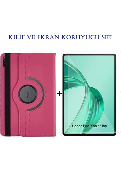 Honor Pad X8A (11'' 2024) Uyumlu 360° Dönebilen Standlı Suni Deri Kılıf + Ekran Koruyucu Nano Cam