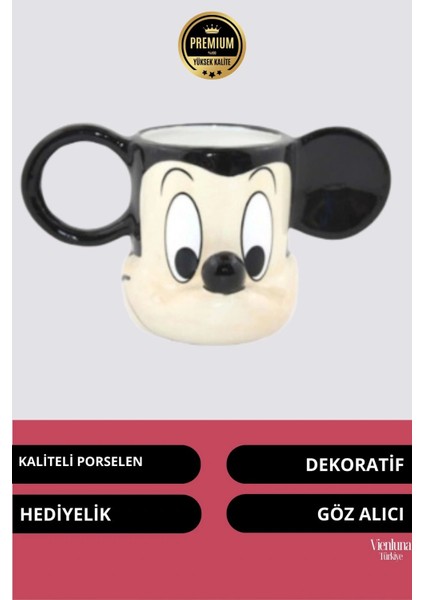 Deluxe Tasarım Dekoratif Estetik Armağan Sevgili Dost Aşk Arkadaş Porselen Mickey Mouse Kupa Bardak