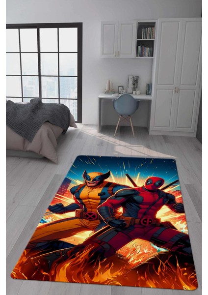 Kaymaz Taban Makinada Yıkanabilir Dijital Baskı Deadpool ve Wolverine Desenli Genç Odası Halısı Dot Taban Halı GNC11