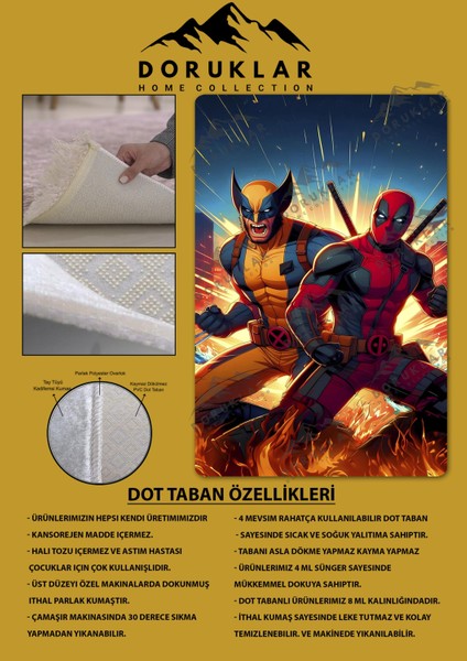 Kaymaz Taban Makinada Yıkanabilir Dijital Baskı Deadpool ve Wolverine Desenli Genç Odası Halısı Dot Taban Halı GNC11