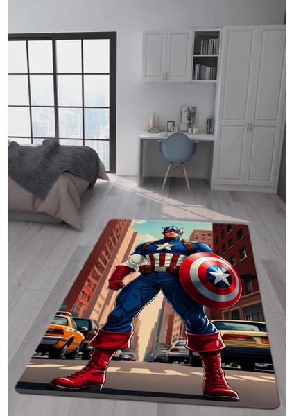 Kaymaz Taban Makinada Yıkanabilir Dijital Baskı Captan America Desenli Genç Odası Halısı Dot Taban Halı GNC07