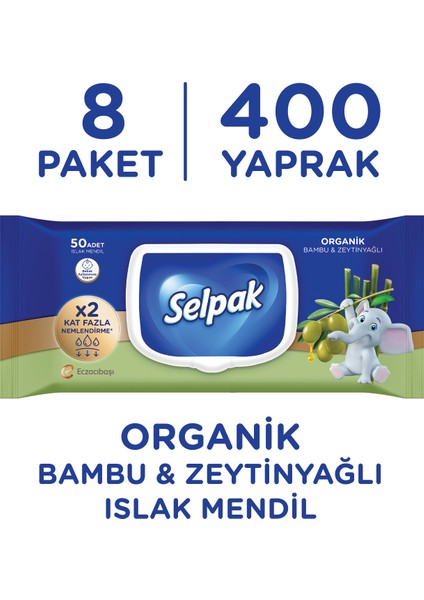 Organik Bambu Özlü & Organik Zeytinyağlı Islak Mendil 8'li 400 Yaprak