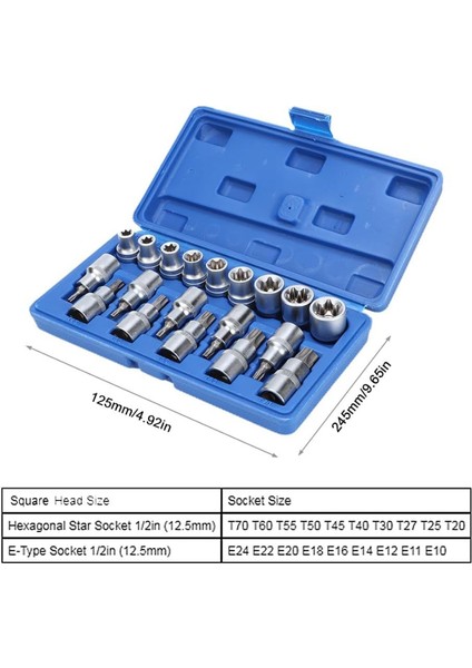 1/2 Torx ve E Lokma Takımı 19 Parça (T20-T25-T27-T30-T40-T45-T50-T55-T60-T70)