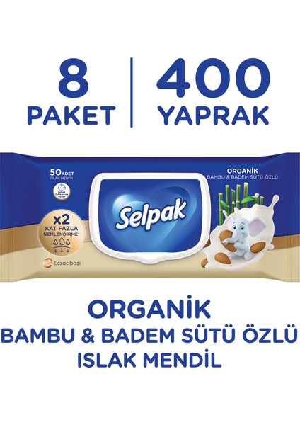 Organik Bambu Özlü & Badem Sütü Özlü Islak Mendil 8'li 400 Yaprak