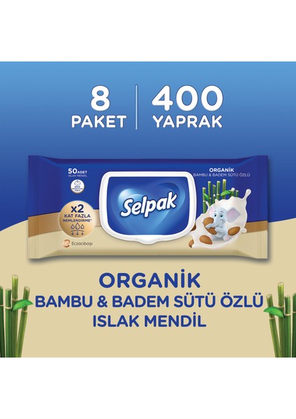 Organik Bambu Özlü & Badem Sütü Özlü Islak Mendil 8'li 400 Yaprak fiyatları