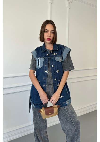 Çengelli Garnili Oversize Denim Ceket- Mavi