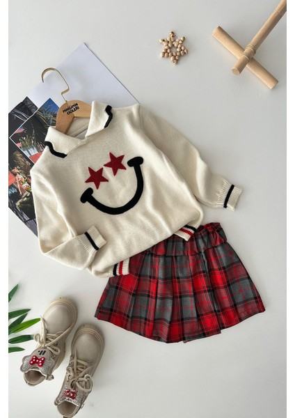 Ekose Şort Etekli Triko Yıldız Işleme Kız Çocuk 2 li takım - Krem