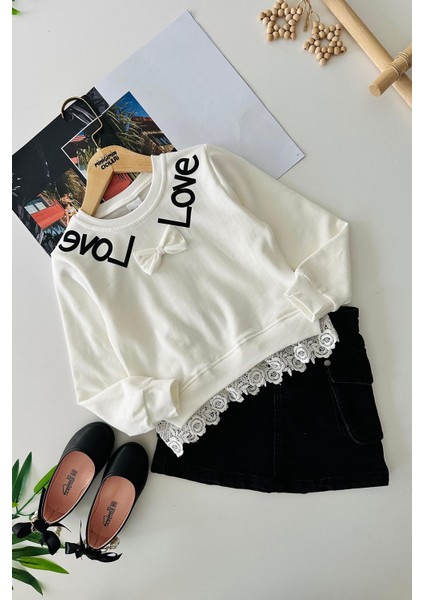 Love Baskılı Kot Etekli Kız Çocuk Fistolu Kız çocuk takım - Krem